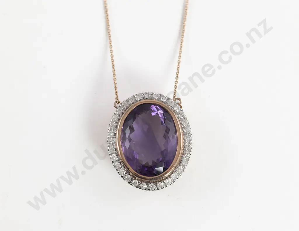 10ct Rose Gold Amethyst and Diamond Halo Pendant Necklace. The pendant's centre features Image 1++