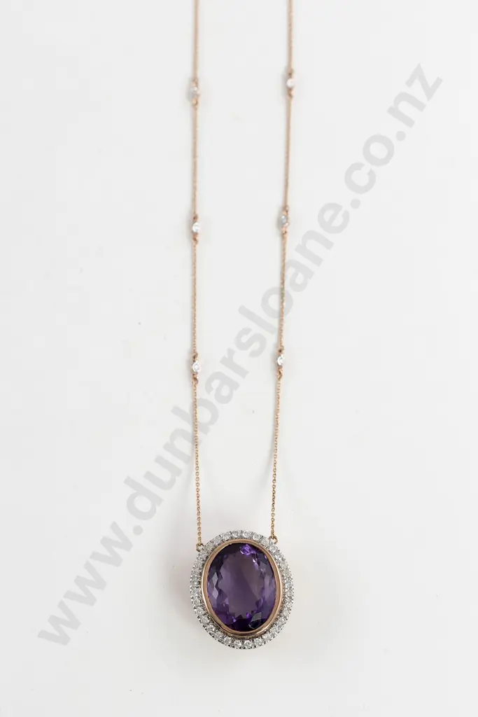 10ct Rose Gold Amethyst and Diamond Halo Pendant Necklace. The pendant's centre features Image 1++