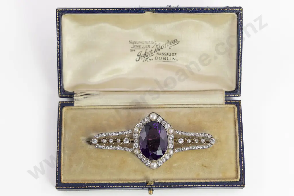 Early C20th 18/15ct Amethyst Diamond and Pearl Brooch Image 1++