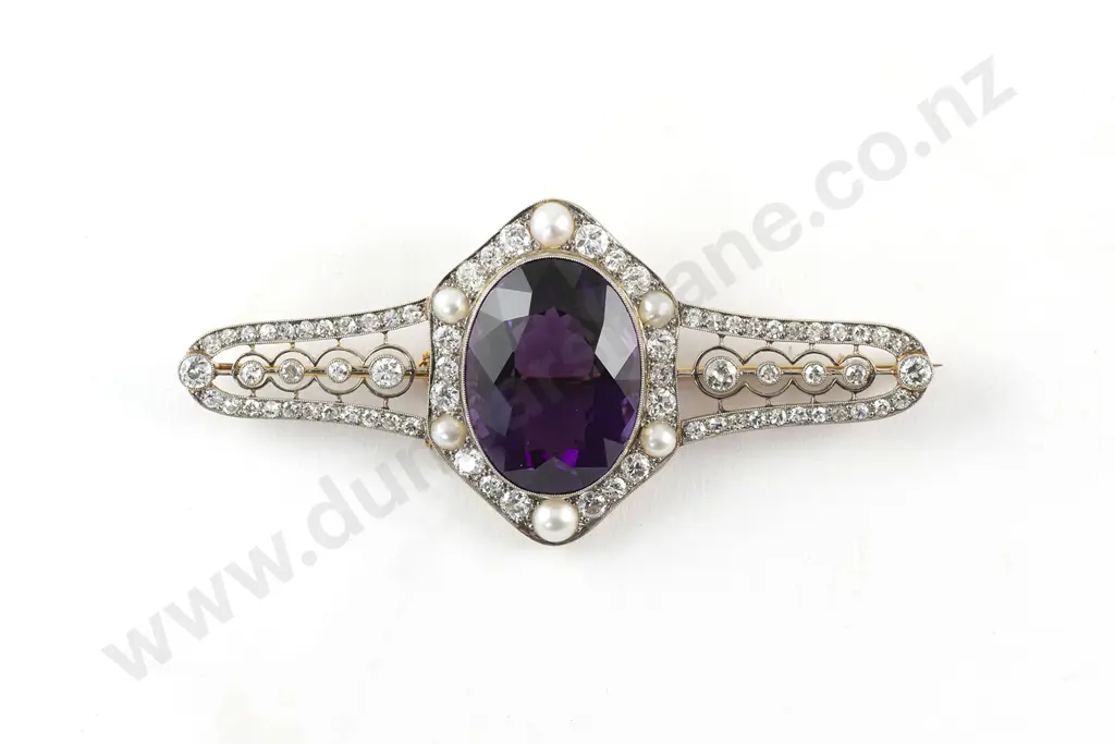 Early C20th 18/15ct Amethyst Diamond and Pearl Brooch Image 1++