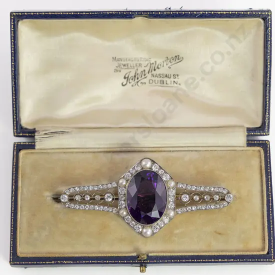 Early C20th 18/15ct Amethyst Diamond and Pearl Brooch