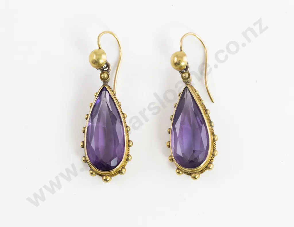 Victorian Pair 15ct Single Amethyst Pendant Drop Earrings Image 1++