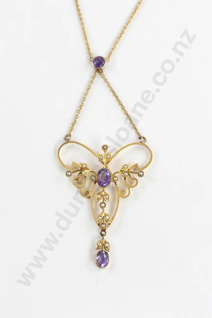 Edwardian 9ct Amethyst and Pearl Pendant on Chain Image 1++