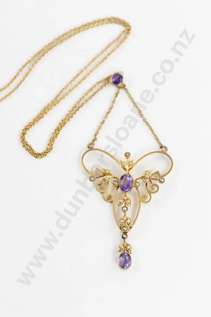Edwardian 9ct Amethyst and Pearl Pendant on Chain Image 1++