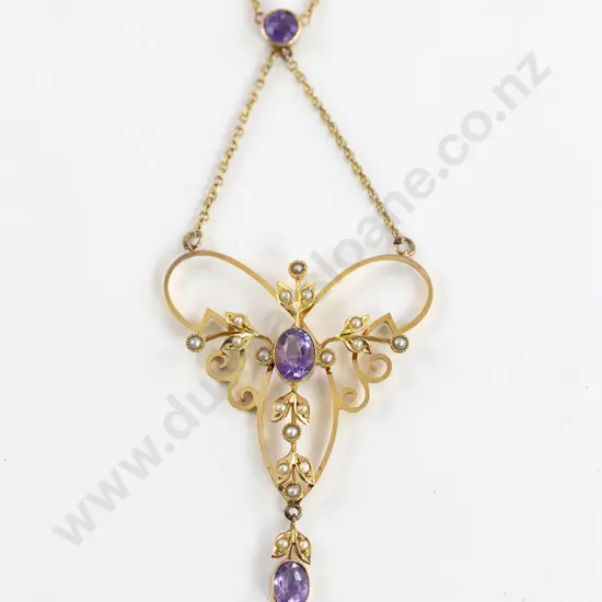Edwardian 9ct Amethyst and Pearl Pendant on Chain