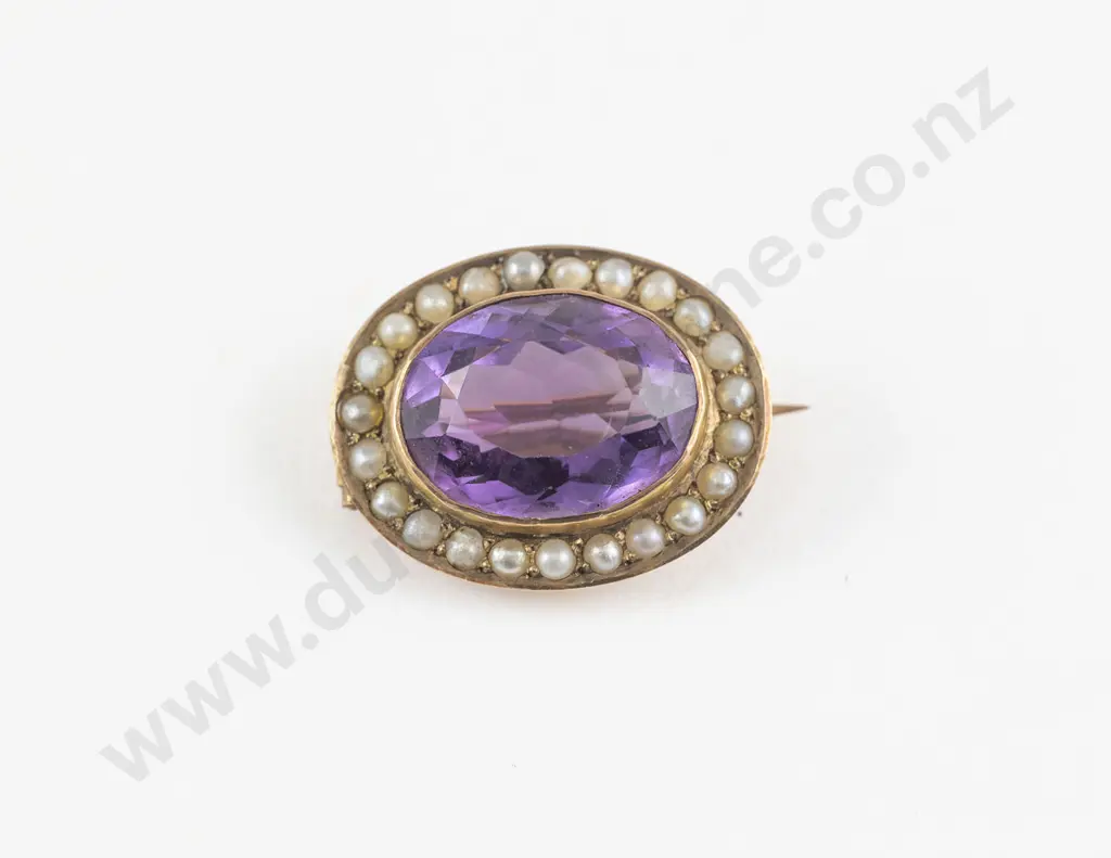 Victorian 9ct Amethyst and Seed Pearl Brooch Image 1++