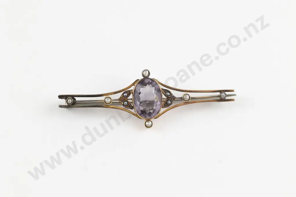 Edwardian 9ct Single Amethyst Seed Pearl Bar Brooch Image 1++