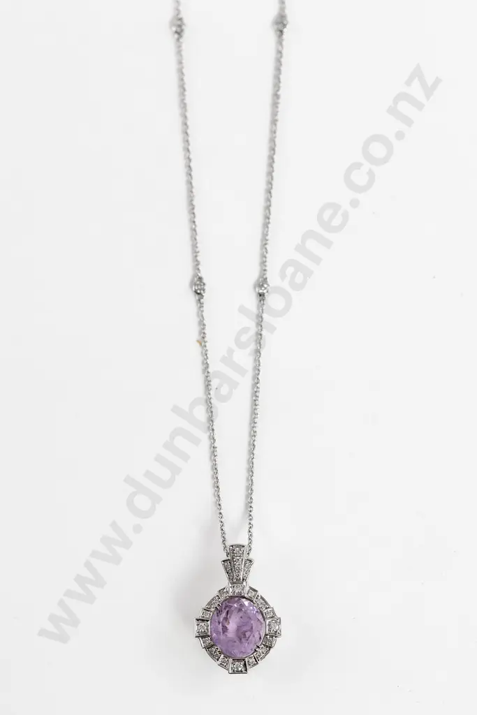 14ct White Gold Kunzite and Diamond Art Deco Style Pendant Image 1++