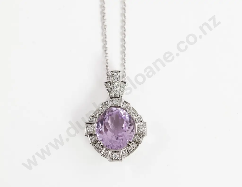 14ct White Gold Kunzite and Diamond Art Deco Style Pendant Image 1++