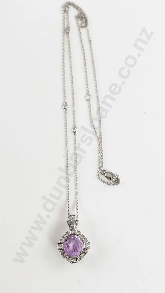 14ct White Gold Kunzite and Diamond Art Deco Style Pendant Image 1++