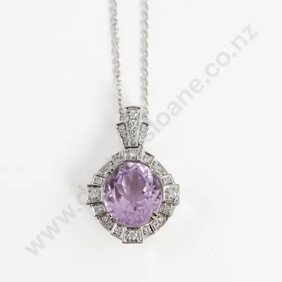 14ct White Gold Kunzite and Diamond Art Deco Style Pendant
