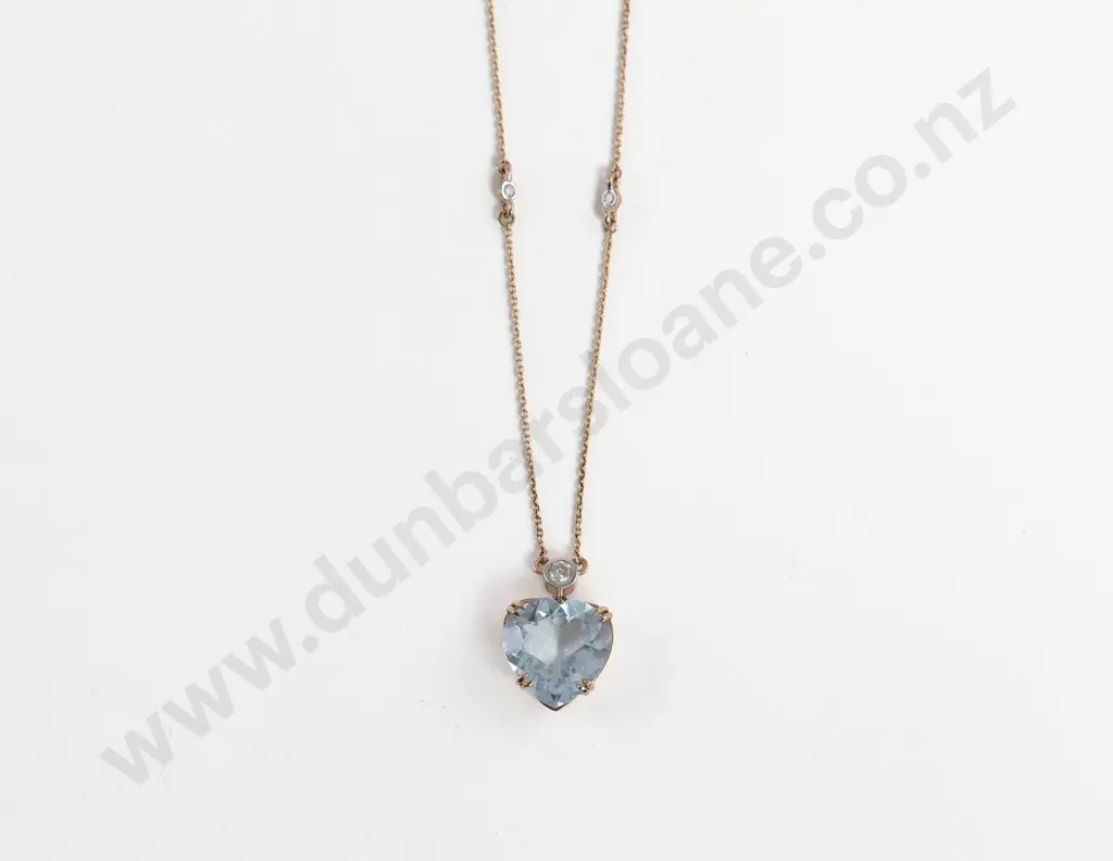 14ct Aquamarine and Diamond Heart Shaped Pendant Necklace Image 1++