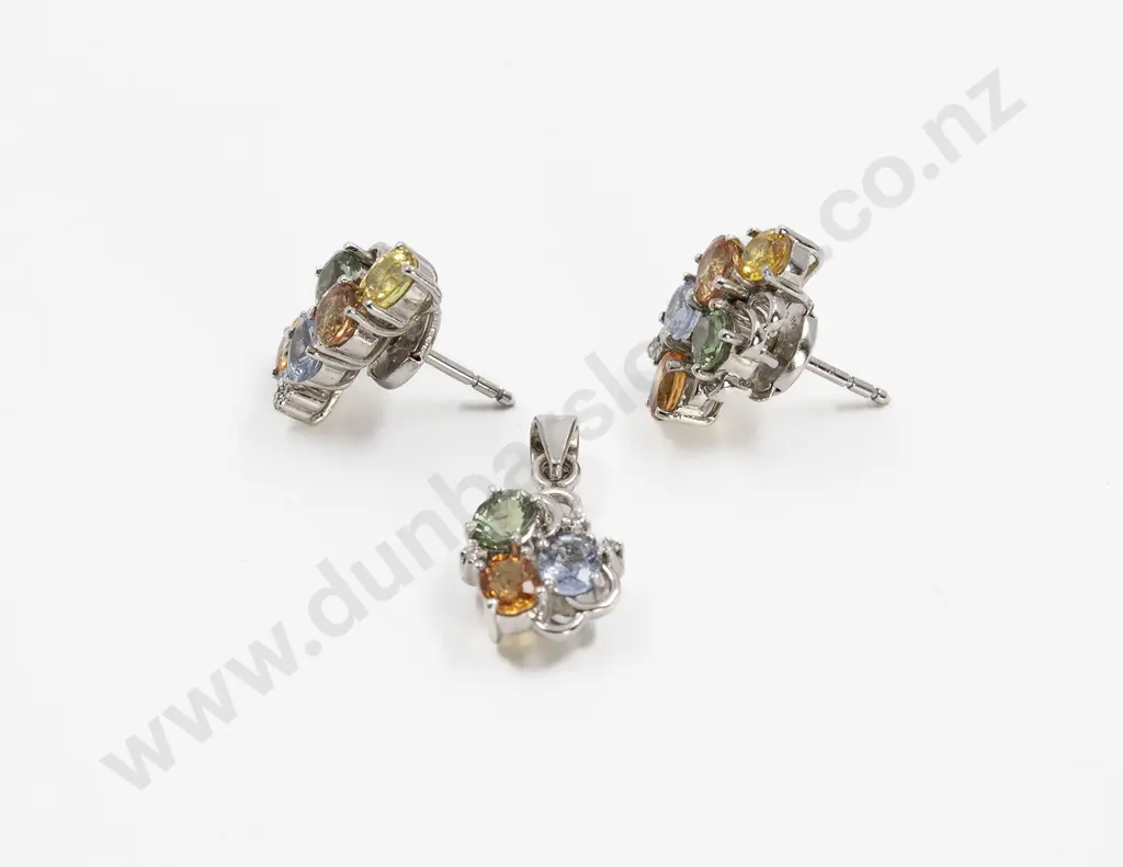 18ct White Gold Coloured Sapphire and Diamond Pendant with Matching Earrings Image 1++