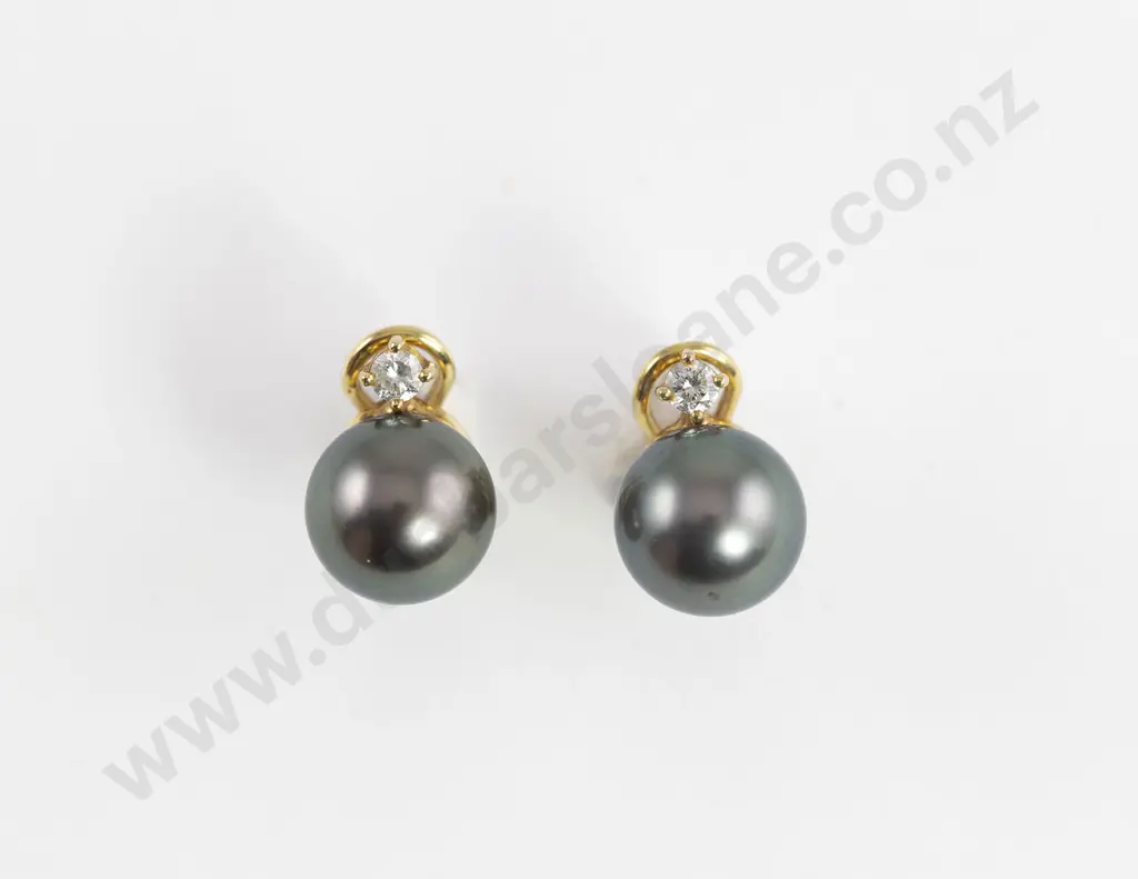 Pair 18ct Cultured Black South Sea Pearl and Diamond Earrings Image 1++