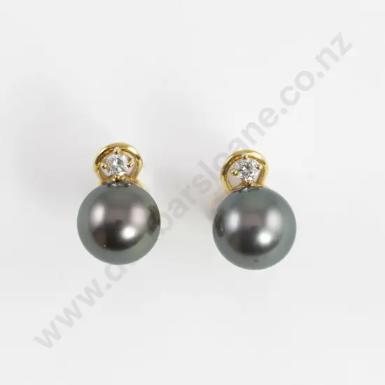 Pair 18ct Cultured Black South Sea Pearl and Diamond Earrings