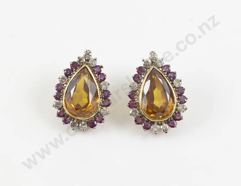 Pair 14ct Synthetic Yellow Sapphire Ruby and Diamond Cluster Earrings Image 1++
