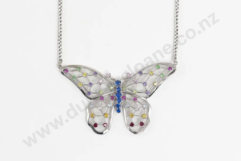 14ct White Gold Multi-Coloured Gemstone Butterfly Necklet/Pendant Image 1++