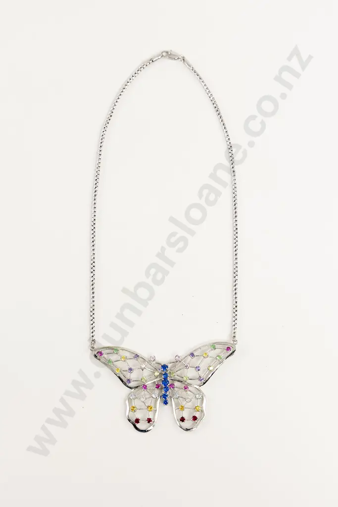 14ct White Gold Multi-Coloured Gemstone Butterfly Necklet/Pendant Image 1++