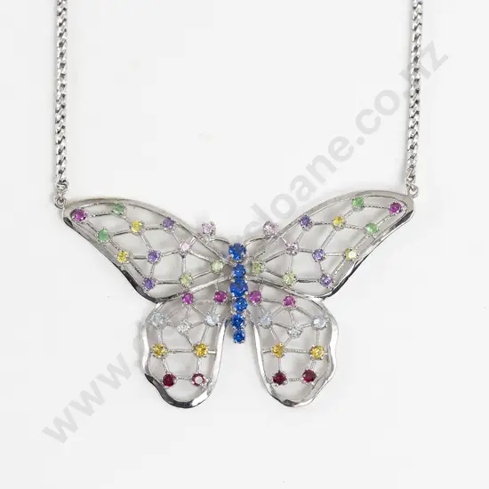14ct White Gold Multi-Coloured Gemstone Butterfly Necklet/Pendant