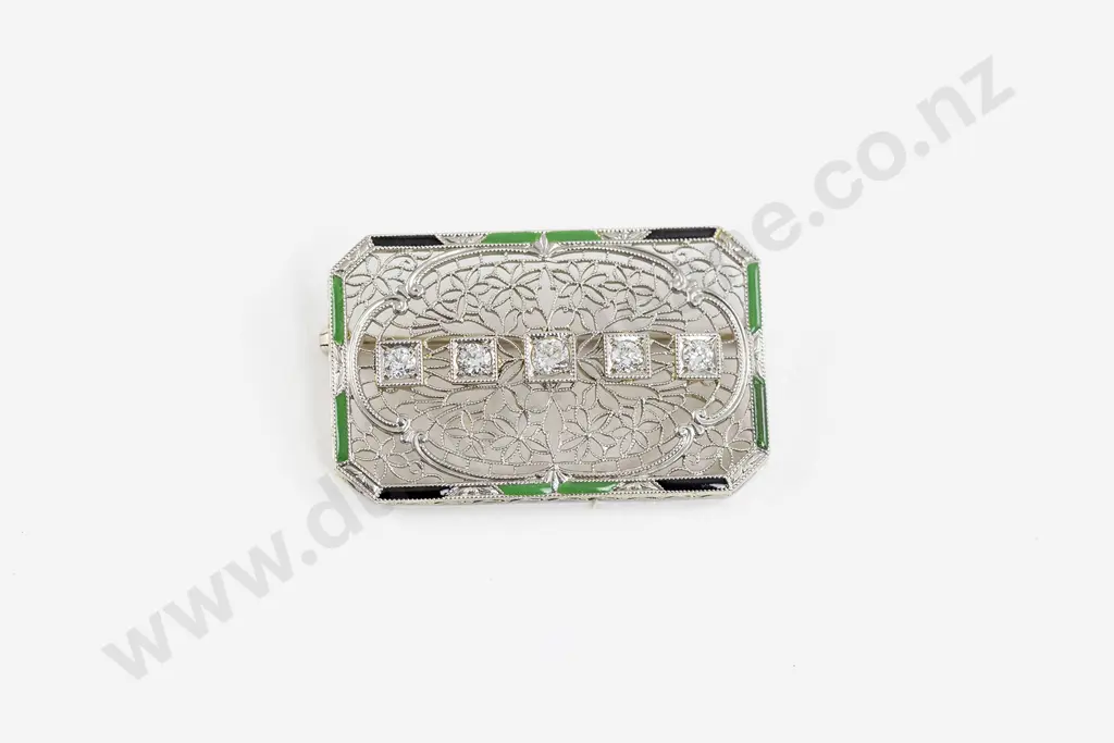 Art Deco Style Five Stone Diamond and Enamel Brooch Image 1++