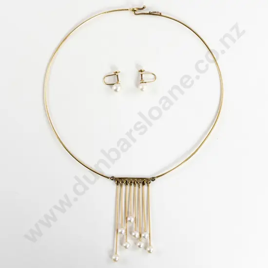 C1970's 14ct Wire Choker Cultured Pearl Pendant