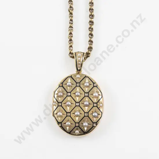 Victorian 15ct Gold Gilt Enamel Diamond and Pearl Photo Locket