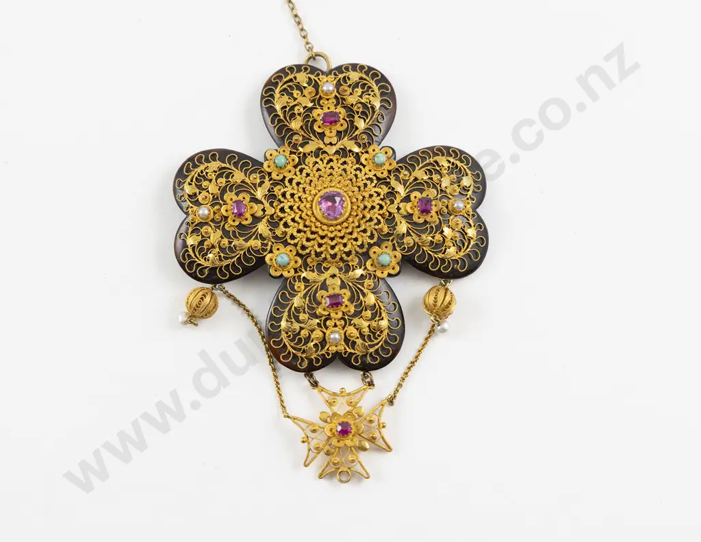 Victorian Anglo-Indian 22ct Tortoise Shell and Gem Cross Pendant/Brooch Image 1++