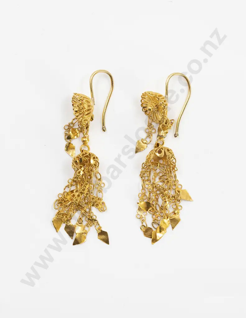 Pair British Raj Period 18ct Filigree Pendant Drop Earrings Image 1++
