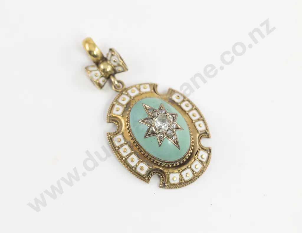 Victorian 15ct Diamond and Turquoise Enamel Pendant Image 1++