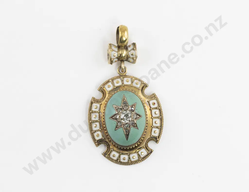 Victorian 15ct Diamond and Turquoise Enamel Pendant Image 1++