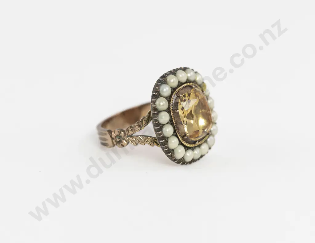 Late Georgian 9ct Citrine and Pearl Cluster Ring Image 1++