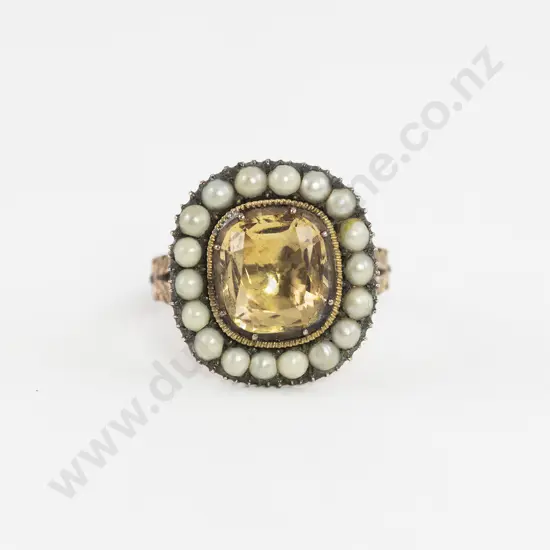 Late Georgian 9ct Citrine and Pearl Cluster Ring