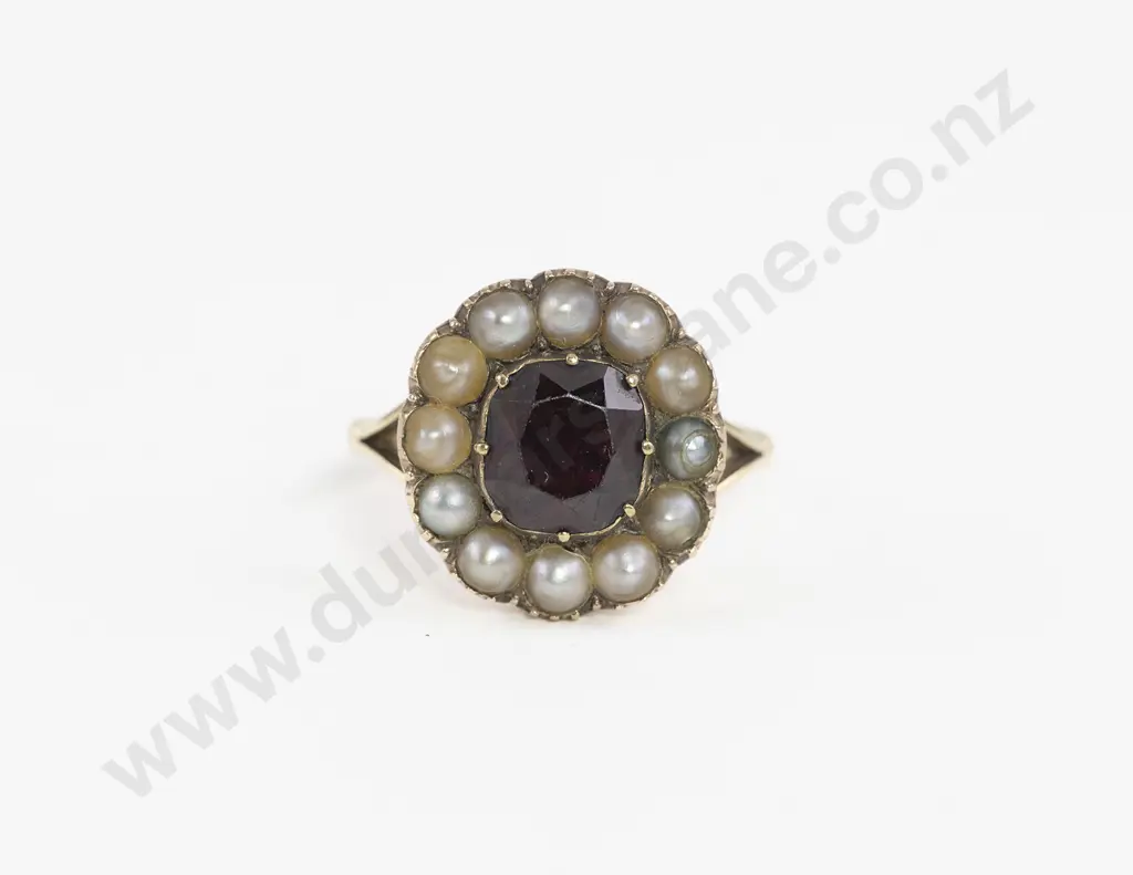 Late Georgian 9ct Garnet and Pearl Cluster Ring Image 1++