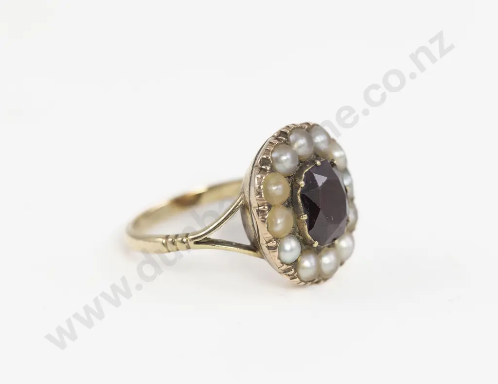Late Georgian 9ct Garnet and Pearl Cluster Ring Image 1++