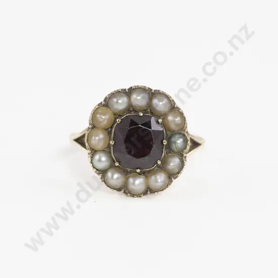 Late Georgian 9ct Garnet and Pearl Cluster Ring
