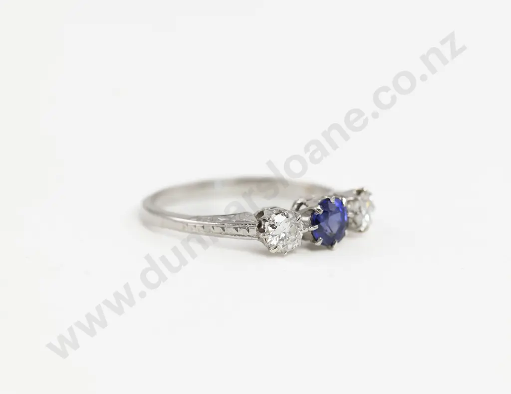 All Platinum Three Stone Sapphire & Diamond Bridge Ring Image 1++