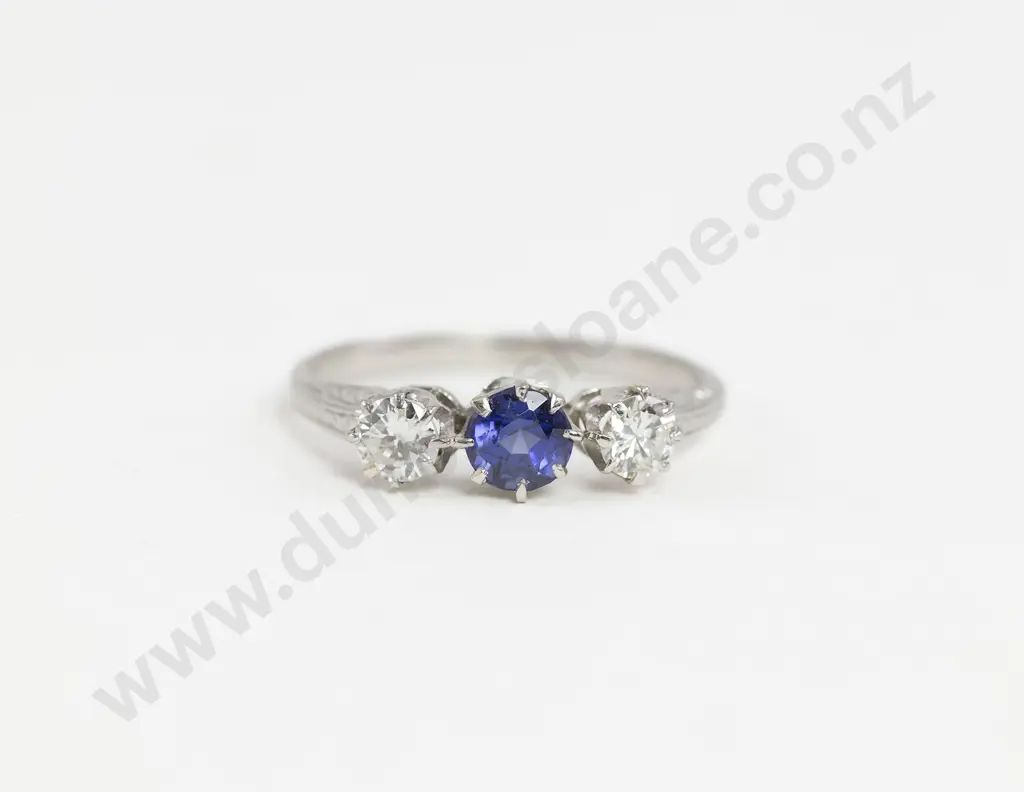 All Platinum Three Stone Sapphire & Diamond Bridge Ring Image 1++