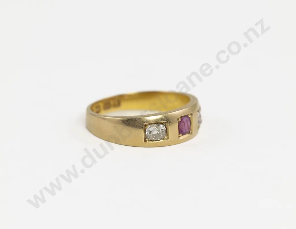 Victorian 18ct Three Stone Ruby and Diamond Band Ring Image 1++