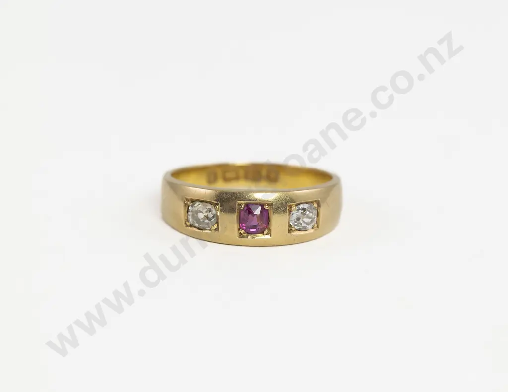 Victorian 18ct Three Stone Ruby and Diamond Band Ring Image 1++