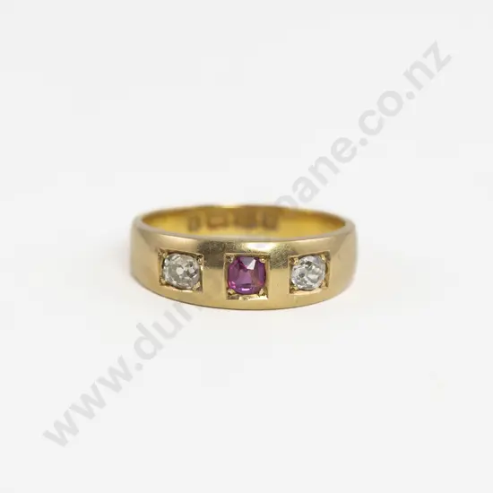 Victorian 18ct Three Stone Ruby and Diamond Band Ring