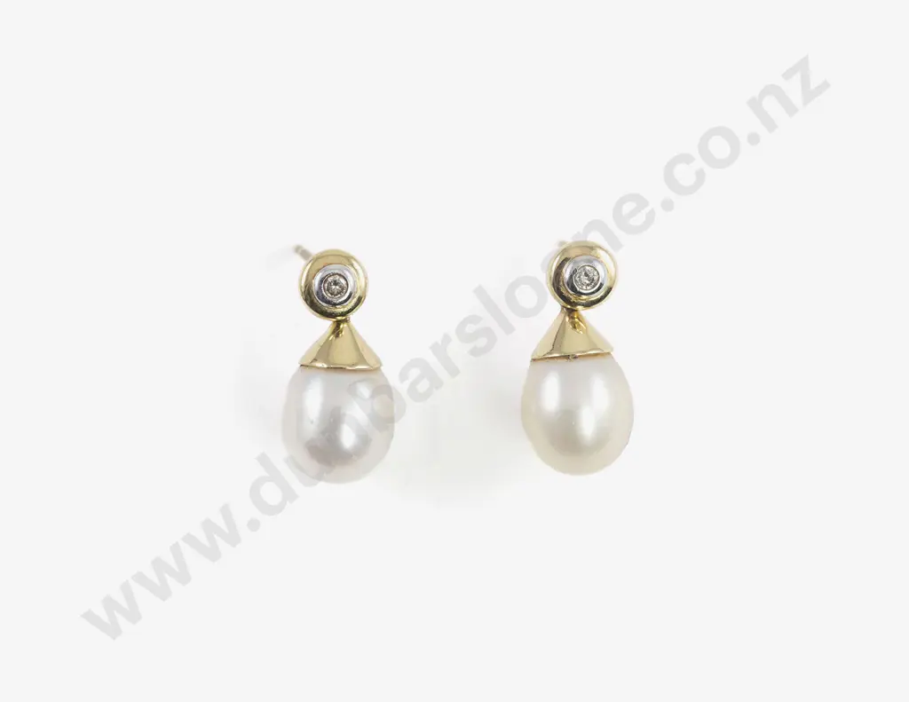 Pair 14ct Diamond and Pearl Pendant Earrings Image 1++