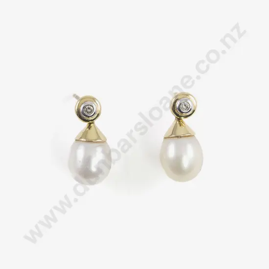 Pair 14ct Diamond and Pearl Pendant Earrings
