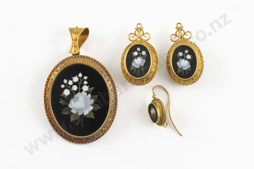 Victorian Grand Tour C1870 Gold Pietra Dura Florentine Mosaic Brooch and Earrings Image 1++