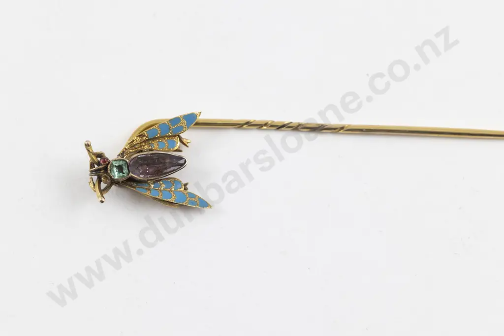 Cased Edwardian 9ct Enamel and Gem Bug Stick Pin Image 1++