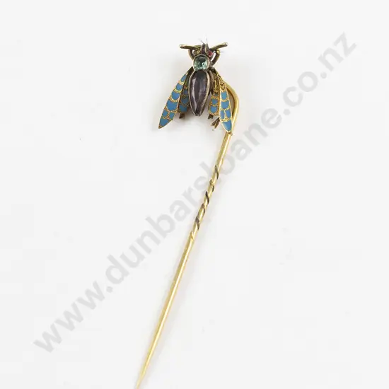 Cased Edwardian 9ct Enamel and Gem Bug Stick Pin