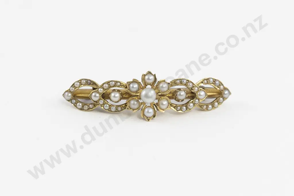 Edwardian 9ct Fancy Seed and Half Pearl Bar Brooch Image 1++