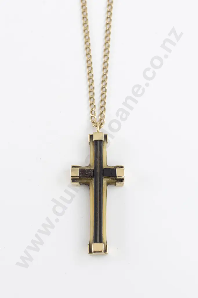Antique 9ct Gold Mounted Piligrim Petrified Wood and Ivory Cross Image 1++