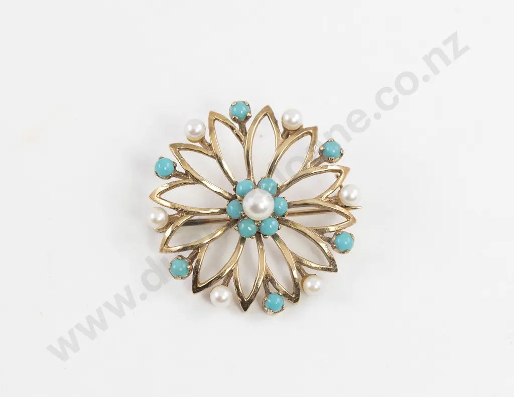 14ct Turquoise and Pearl Circular Petal Brooch Image 1++