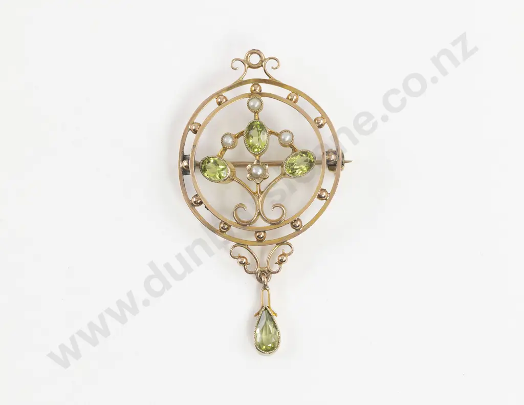 Edwardian 9ct Green Peridot and Pearl Circlet Pendant Brooch Image 1++