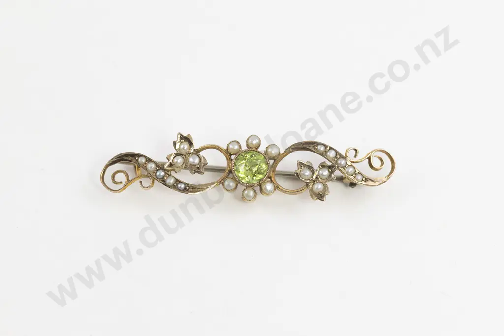 Edwardian 9ct Green Peridot and Seed Pearl Bar Brooch Image 1++